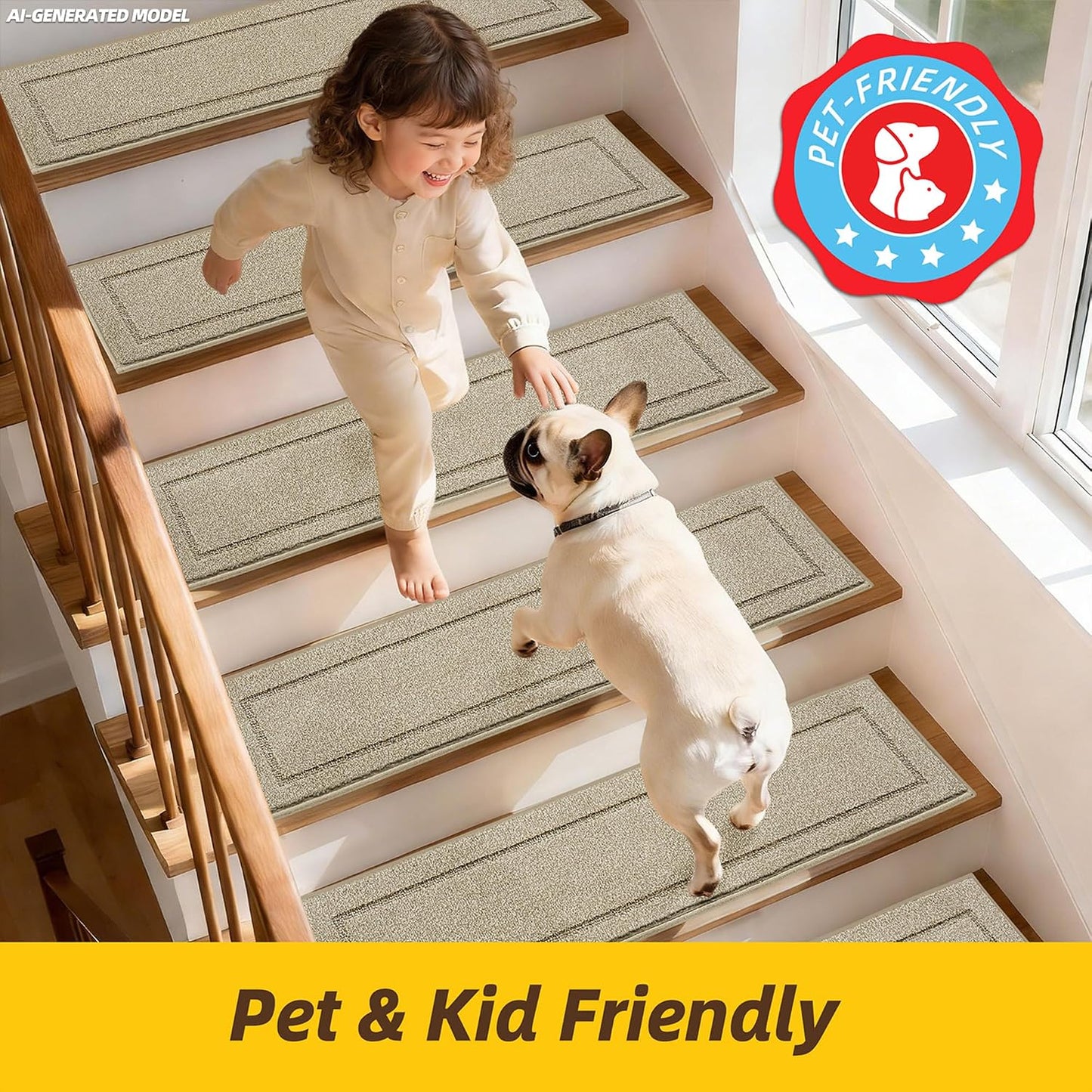 JSEI Stair Treads for Wooden Steps Indoor, 15-Pack Non Slip Stair Treads 30" x 8", Washable Polyester Stair Mats with TPE Backing, Low Profile Stair Rugs for Kids, Seniors and Dogs, Brown