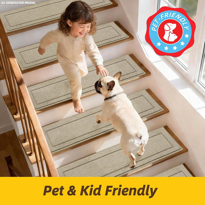 JSEI Stair Treads for Wooden Steps Indoor, 15-Pack Non Slip Stair Treads 30" x 8", Washable Polyester Stair Mats with TPE Backing, Low Profile Stair Rugs for Kids, Seniors and Dogs, Brown