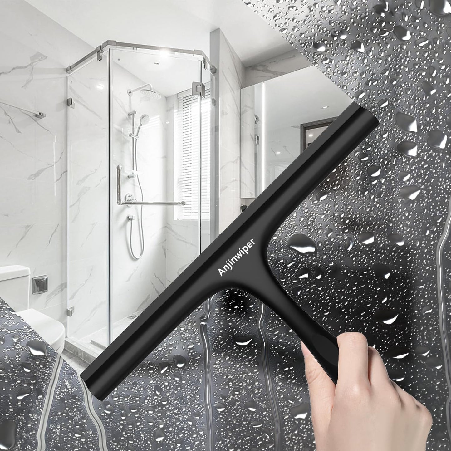 Household Squeegee for Shower Glass Doors, Silicone Shower Squeegee with Adhesive Hook, Bathroom Squeegee for Shower, Window Cleaner Tool for Glass Door, Kitchen, Tile Wall(10 inch-Black)