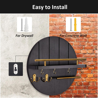 Nekon Key Holder Wall Mount, 11.8 Inch Rack With Shelf and 6 Hooks, Rustic Mail Organizer, Circular Wooden Hanger for Entryway Hallway Kitchen (Brown&Gold)