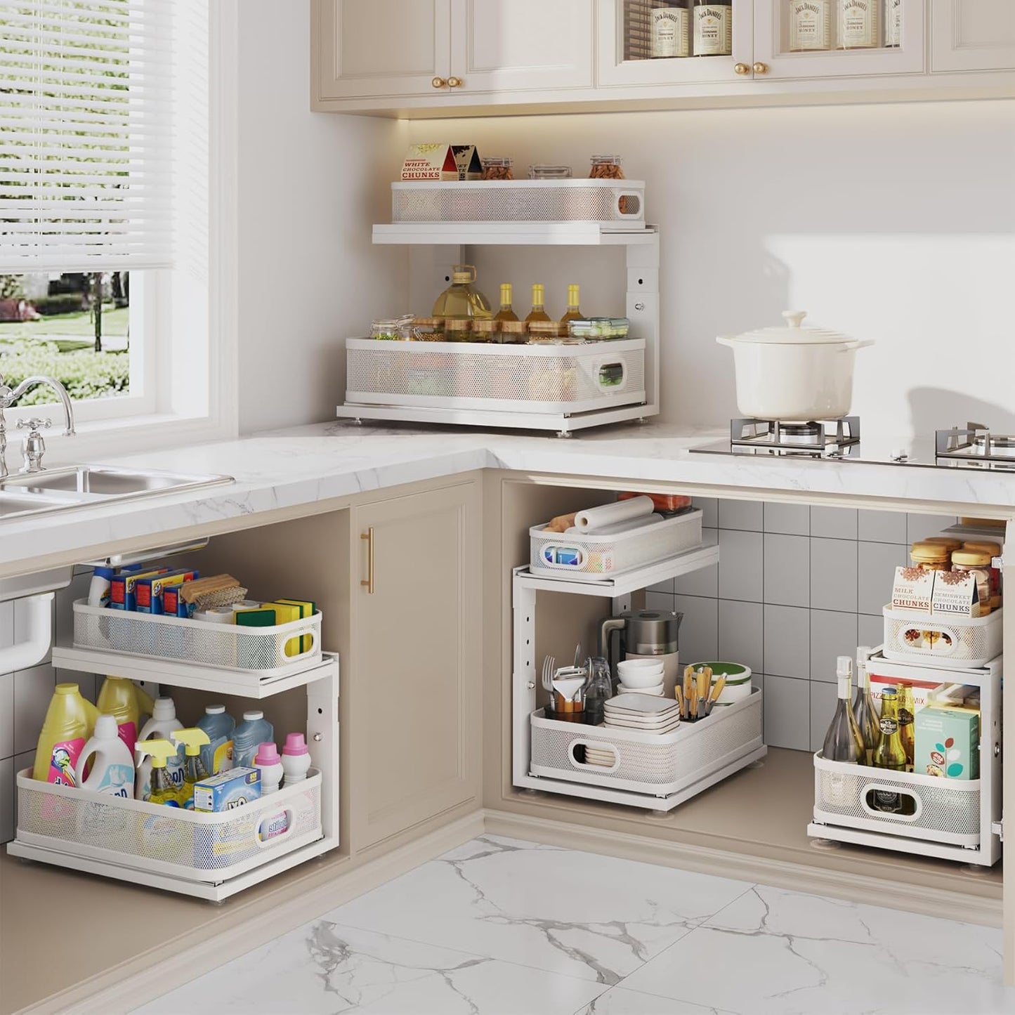 2 Pack 18.5IN-Depth Under Sink Organizer With Next-Gen Ball-Bearing Slides,2-Tier Precision Mesh Pull Out Cabinet Storage for Bathroom&Kitchen,Height Adjustable Drawers Shelf,Anti-rust-White