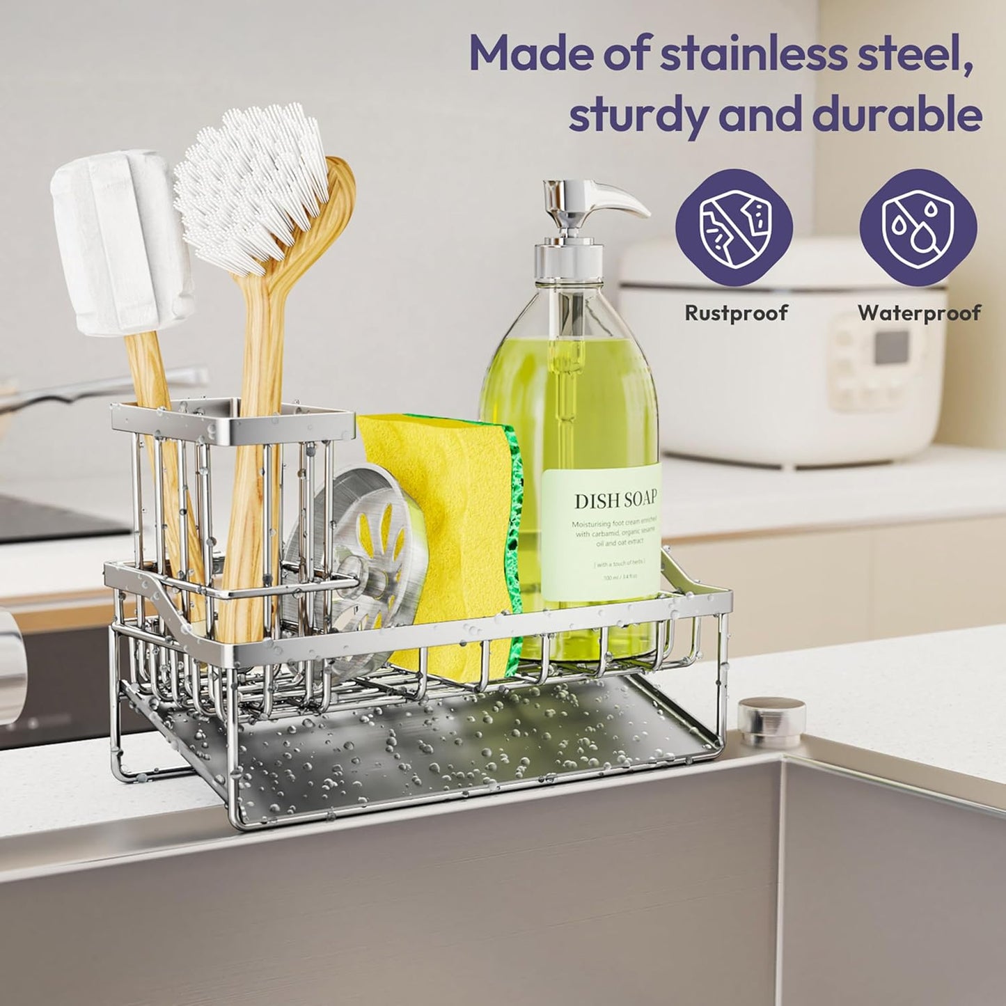 SWTYMIKI Sink Caddy Sponge Holder - Kitchen Sink Organizer with High Brush Holder for Countertop to Hold Dish Soaps and Sponges, Stainless Steel, Black