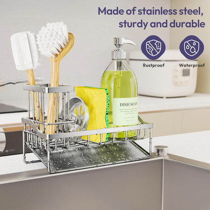 SWTYMIKI Sink Caddy Sponge Holder - Kitchen Sink Organizer with High Brush Holder for Countertop to Hold Dish Soaps and Sponges, Stainless Steel, Black