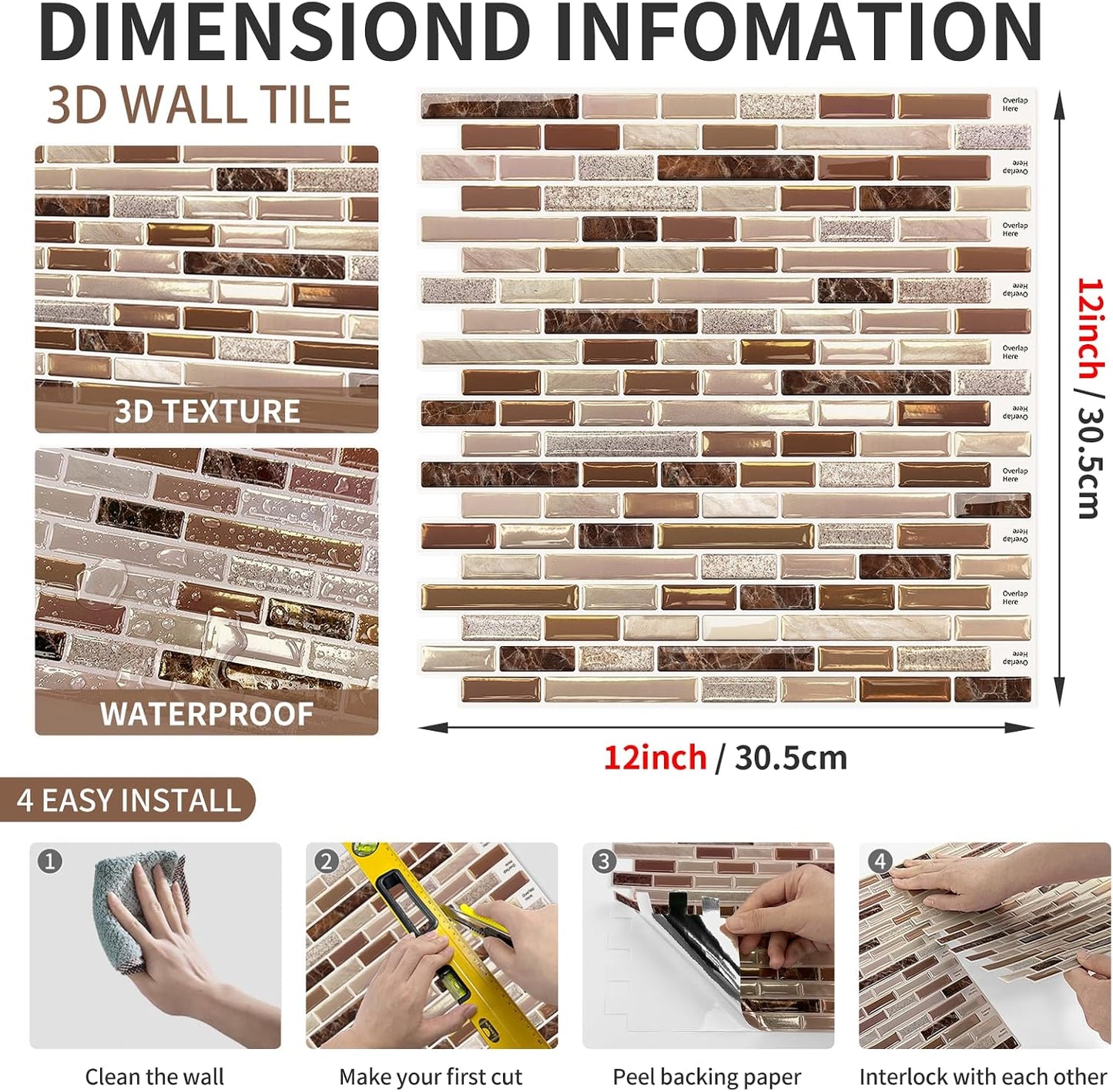 URCOLOR 10-Sheet Peel and Stick Backsplash Tile for Kitchen - 12”×12” Stick on Wall Tile for Bathroom, Black White Grey