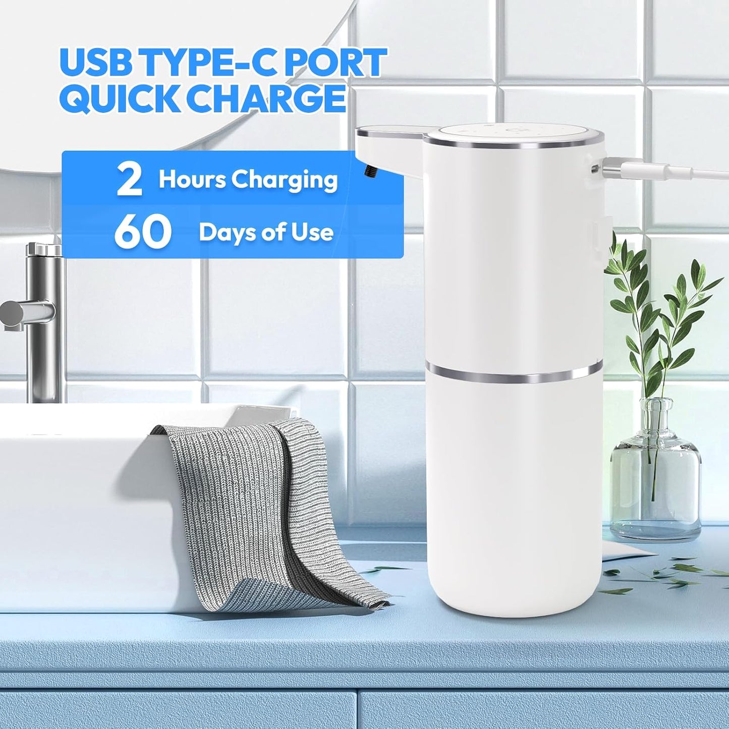 2 Pack Automatic Foaming Soap Dispenser,Touchless Foam Soap Dispenser,12.8oz Rechargeable Wall Mounted Smart for Bathroom and Kitchen Dish Soap,Easy for Toddlers(White)