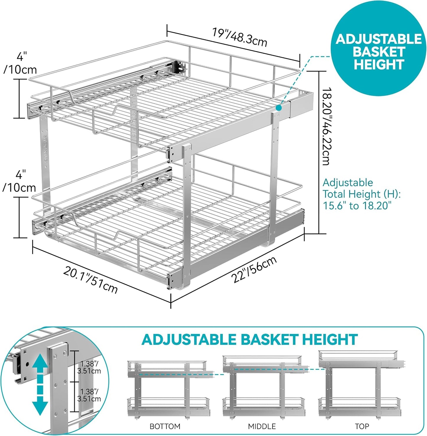 2 Tier Pull Out Cabinet Organizer 11" W X 22" D, Slide Out Drawers For Kitchen Cabinets, Pull Out Drawers For Cabinets Capacity Heavy Duty Caddy, Cabinet Pullout Shelves Chrome-Plated, Bathroom Pantry