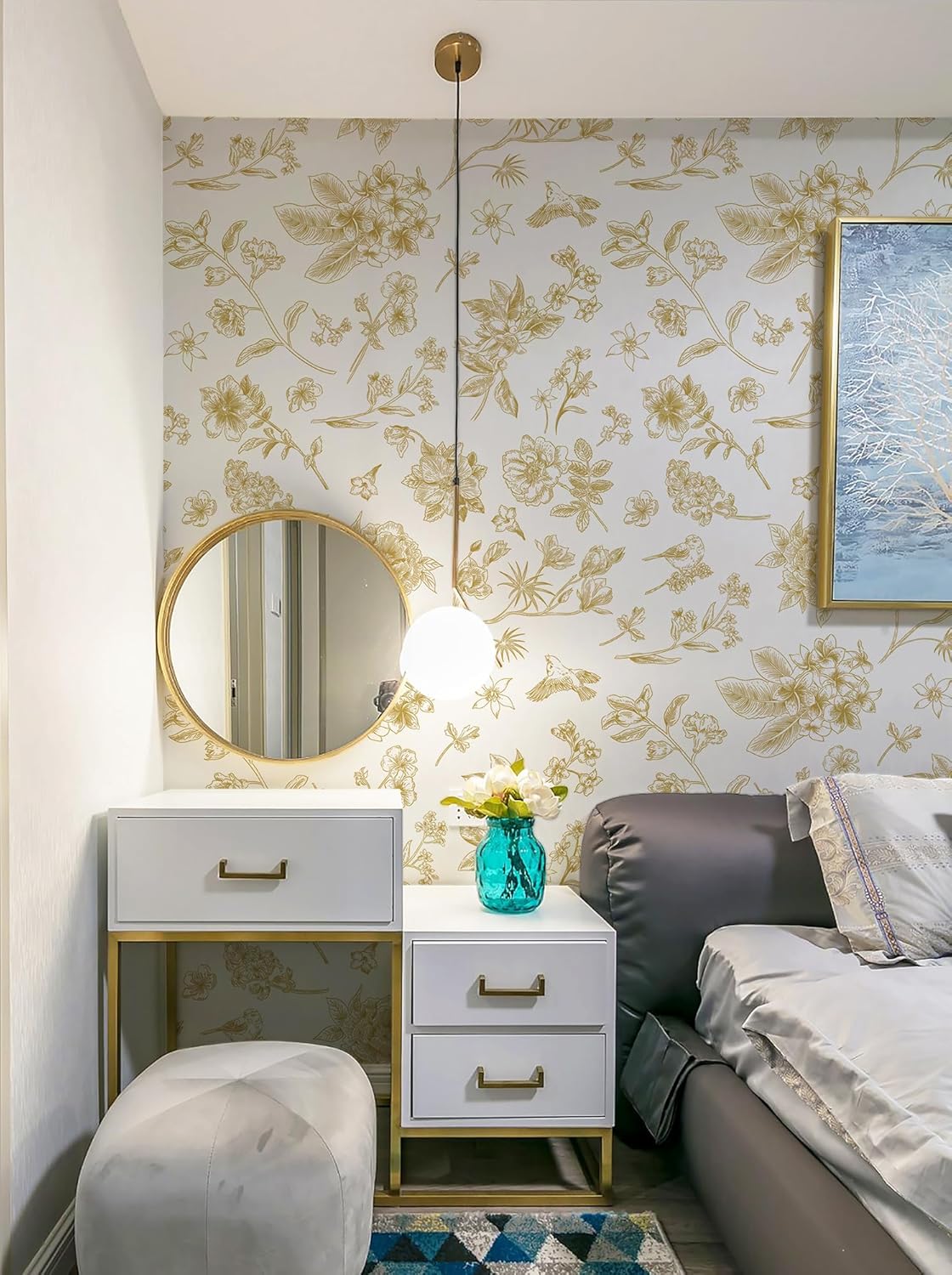 Safiyya Peel and Stick Wallpaper Floral Green and White Leaf Contact Paper for Cabinets 17.3"x 78.7" Self Adhesive Removable Wallpaper for Bathroom Renter Friendly Wall Paper Vinyl Roll