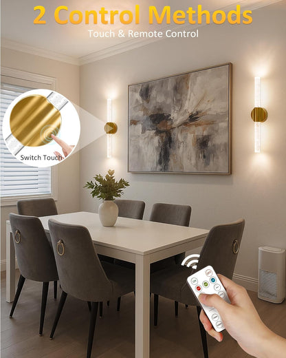 Peel and Stick on Wall Sconce set of 2, Rechargeable No Drill Gold Wireless Magnetic Battery Operated Wall Lights with Remote, Dimmable Cordless Wall Lamps for Bedroom Living Room Bathroom Decor
