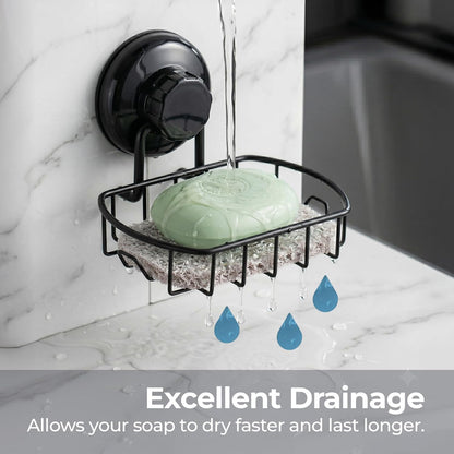 HASKO 2 Pack Suction Cup Soap Dish for Shower Wall, Rustproof Stainless Steel, Shower Soap Holder with Hooks, Includes Optional No Drill Adhesive Mount for Bathroom, 2 Soap Savers, Black