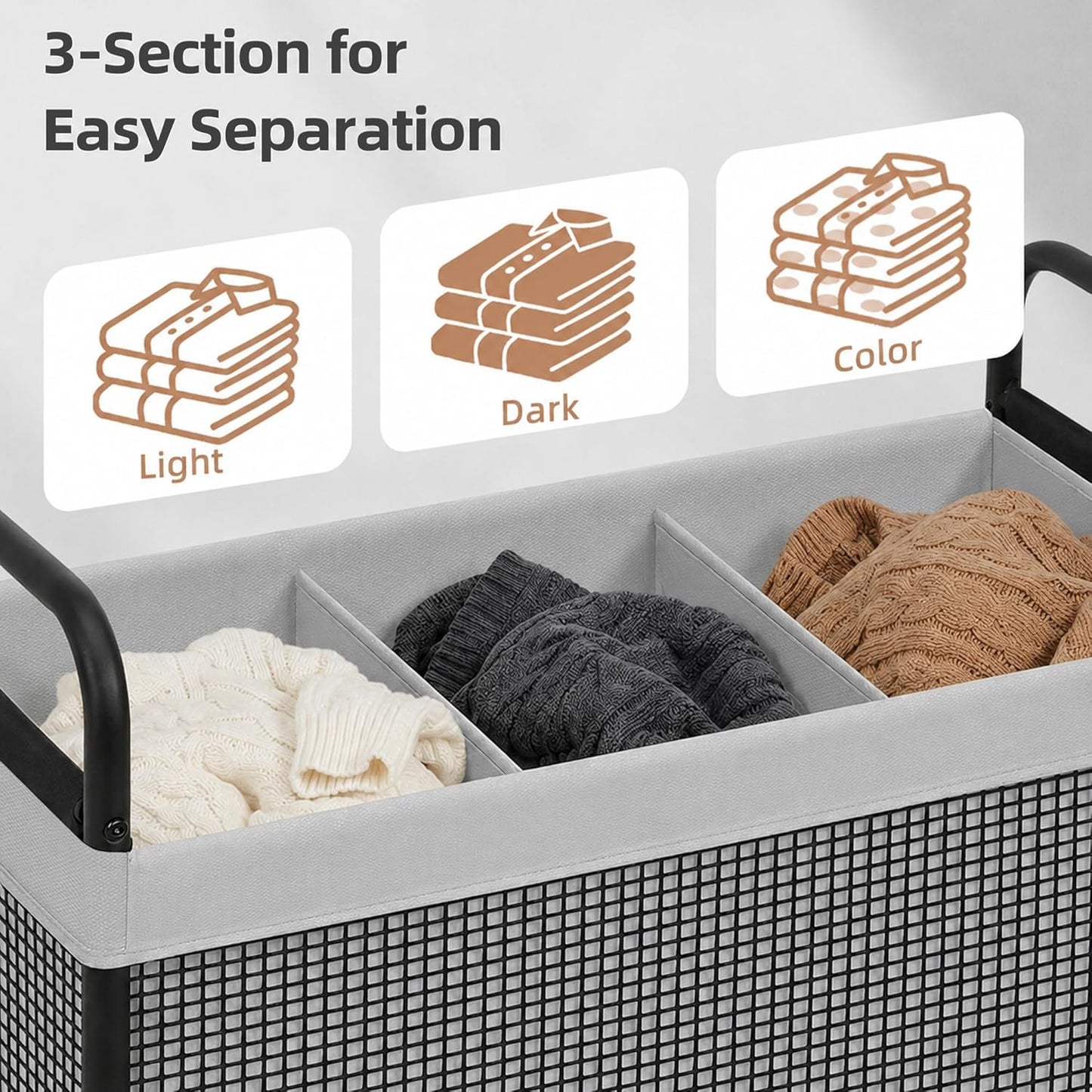 STORAGE MANIAC Rolling Laundry Hamper with Wheels 3-Section Laundry Sorter Rolling Laundrys Basket on Wheels with Removable Bag Clothes Hamper Laundrys Organizer Cart Bathroom Bedroom 120L Beige