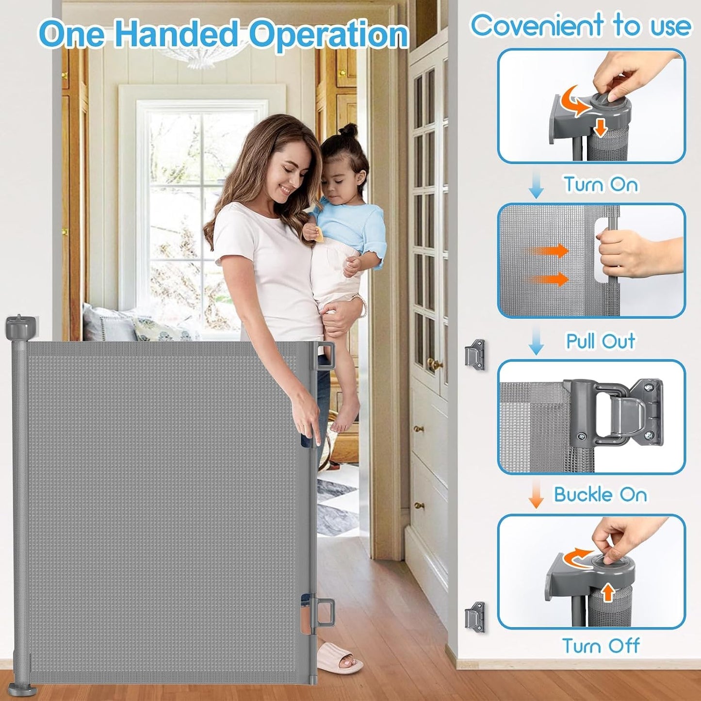 71 inch Retractable Baby Gates, EZIGO Extra Wide Baby Gate for Large Opening Extra Long Mesh Gate for Kids or Pet Dog Gate Child Safety Gate for Stairs Hallways Doorway Indoor Outdoor, Gray