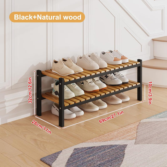 Bamboo Shoe Rack Organizer for Closet and Entryway - Space-Saving Narrow Shoe Stand - Versatile Shoe Holder for Door or Closet Shelf, Garage Bedroom can Freely Stack DIY Small Shoe Racks 3 Tier