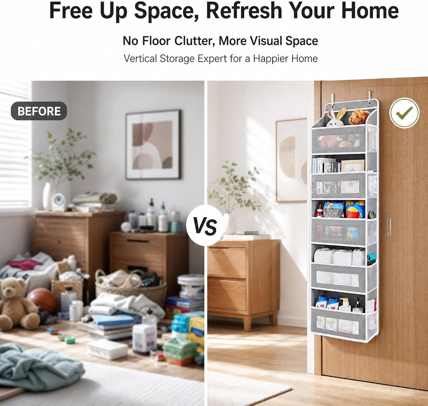 FUSHITON Over The Door Organizer with Anti-Tilt Design, 5 Shelf Hanging Grey Storage Rack Holds 44lb, Large Capacity Pockets for Bedroom Bathroom Pantry Nursery