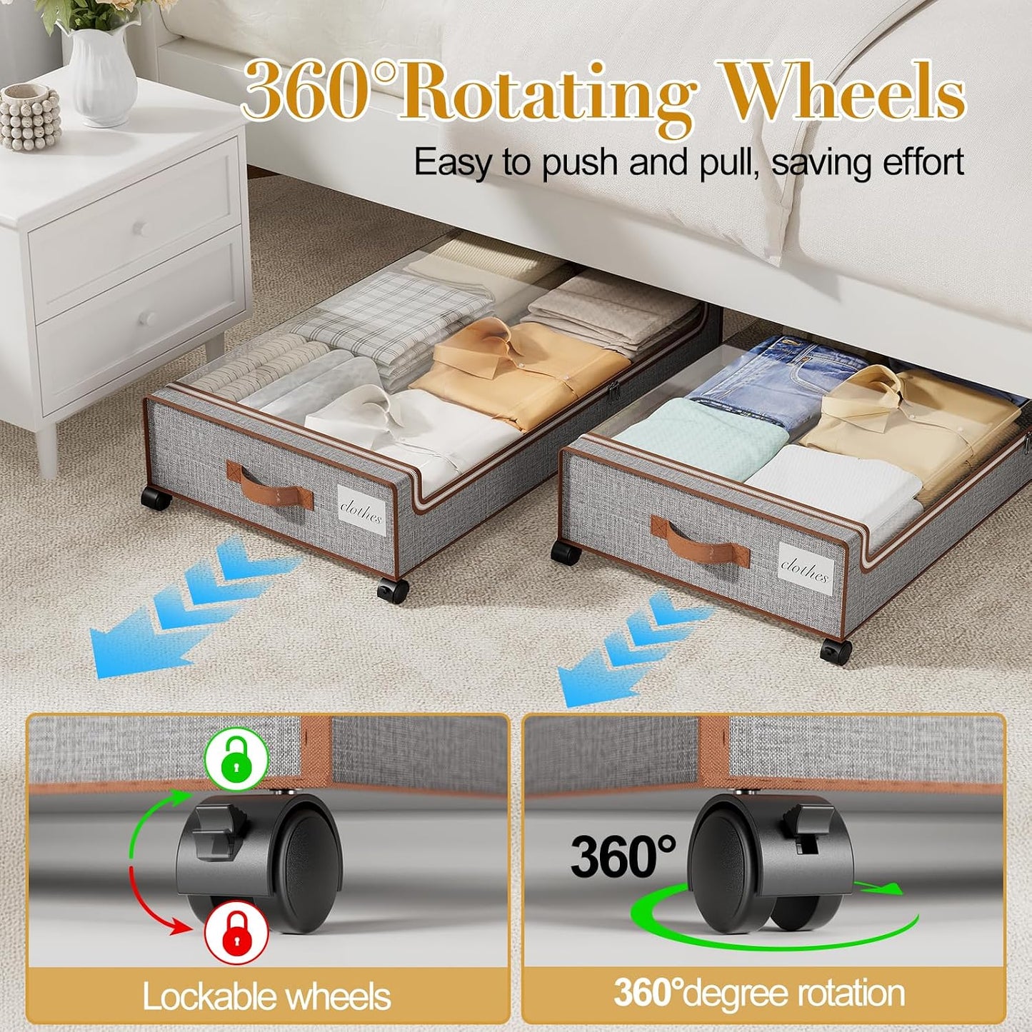 Yecaye Under Bed Storage with Wheels, 2 Pack Under the Bed Storage Containers with Lids & Label, XXL 60L Rolling Underbed Storage Drawers for Clothes, Blankets, Shoes, Black