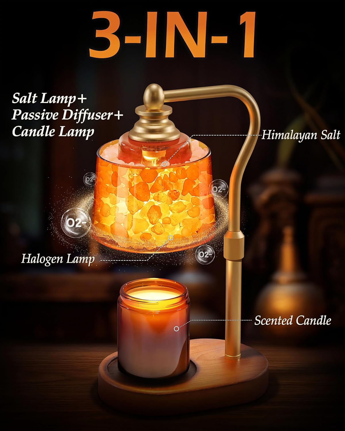 3-in-1 Candle Warmer Lamp with Timer Dimmable, Himalayan Salt Lamp & Passive Diffuser, Gifts for Women, House Warming Gifts, Wax Melt Warmer for Jar Candles (2 Bulbs)