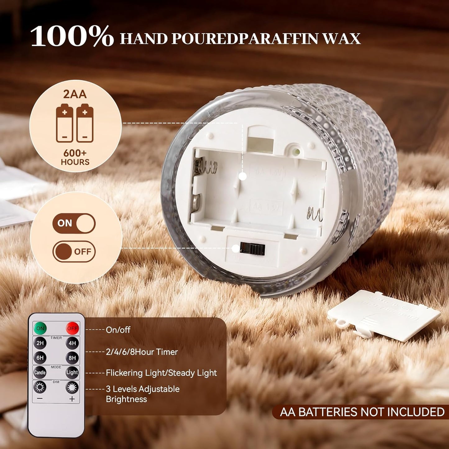 Dotted Glass Flameless Candles with Remote Timer, Real Wax Battery Operated LED Pillar Candles with 3D Flickering Flame for Festival Wedding Home Party Decor, 3" x 4", 4" x 5", Set of 2 (White)