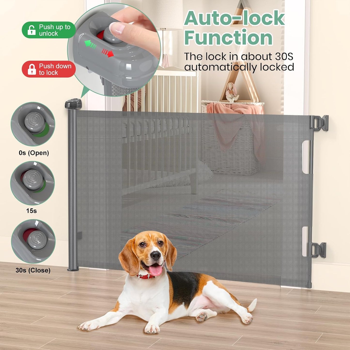HAMOPY Retractable Baby Gate, 33" Tall, Extends up to 55" Wide, Durable Auto-Lock Baby Gates for Stairs, Mesh Dog Gate and Child Safety Gates for Doorways, Hallways, Indoor, Outdoor(Black)