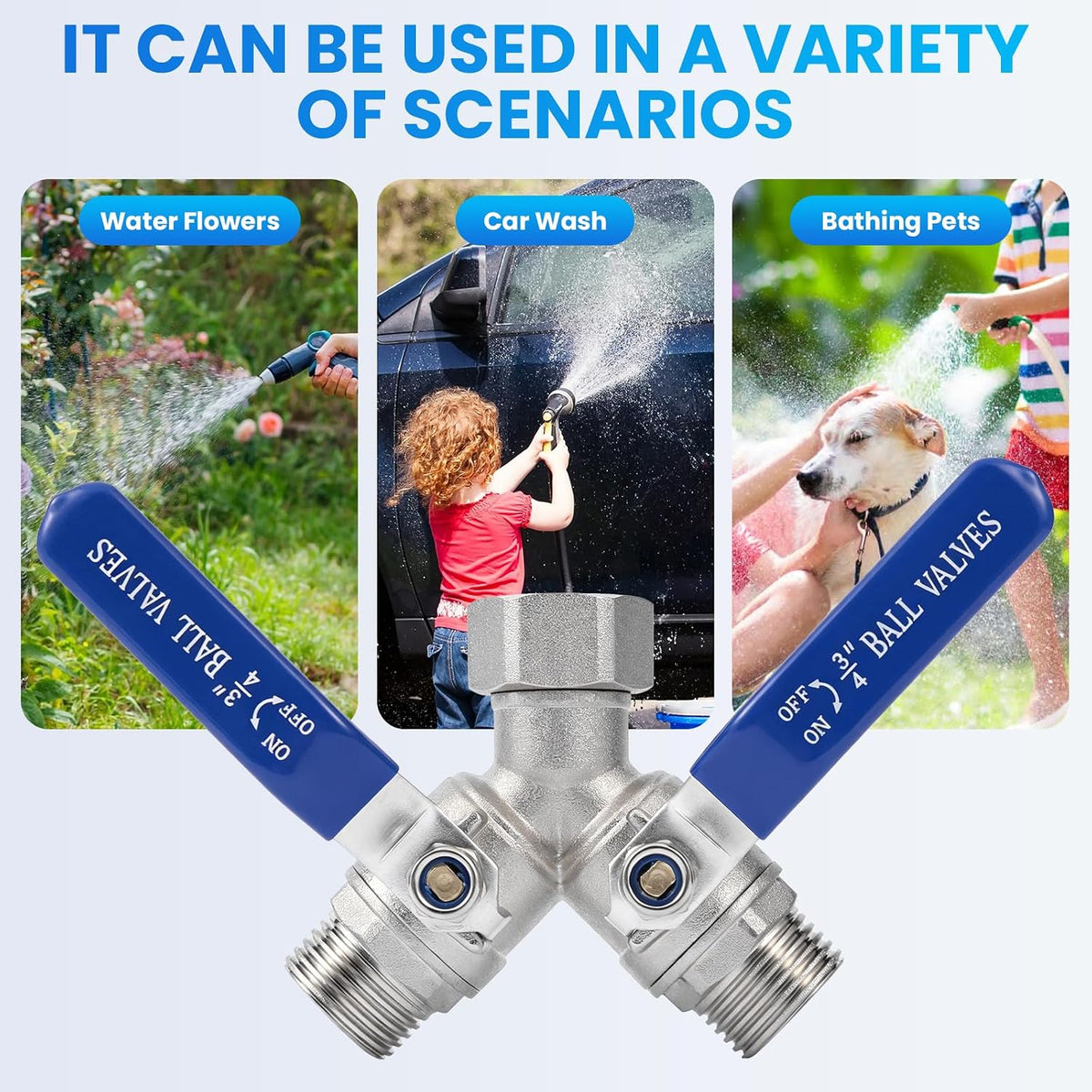 2 Way Garden Hose Splitter, 304 Stainless Steel Full Flow Y Valve with Long Blue Handle, Lead-Free 3/4" GHT Thread Hose Connector for Outdoor Faucet, Independent Shut Off Valves