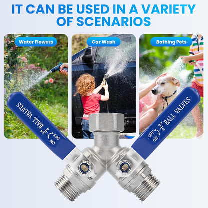 2 Way Garden Hose Splitter, 304 Stainless Steel Full Flow Y Valve with Long Blue Handle, Lead-Free 3/4" GHT Thread Hose Connector for Outdoor Faucet, Independent Shut Off Valves
