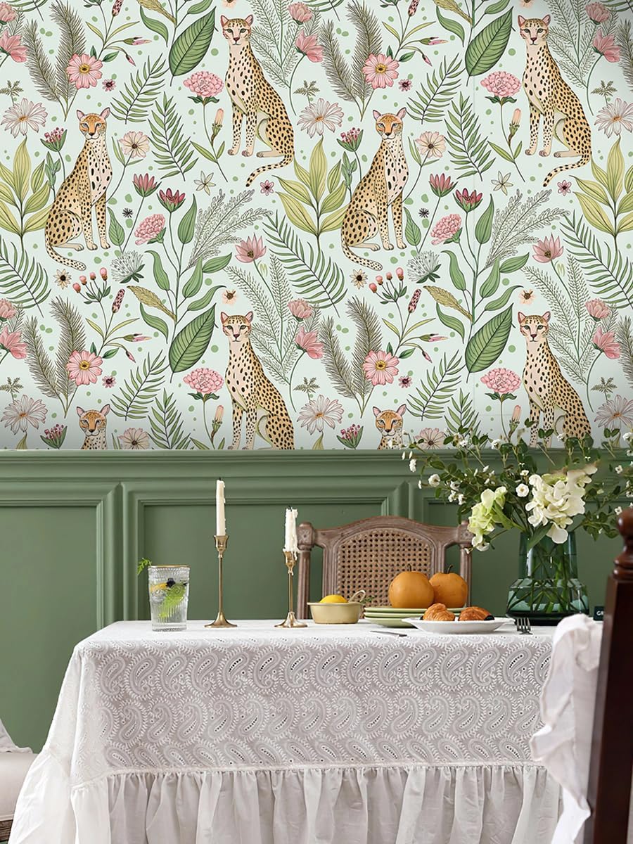 Floralplus Peel and Stick Wallpaper Leopard Jungle Removable Wallpaper for Bathroom Renter Friendly Wallpapers Self Adhesive Animal Floral Contact Paper for Accent Wall 17.5 x 118 in