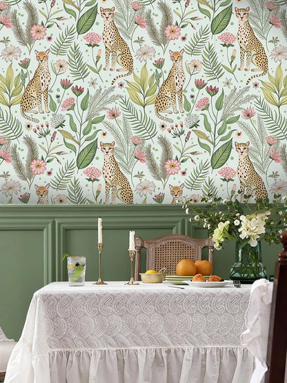 Floralplus Peel and Stick Wallpaper Leopard Jungle Removable Wallpaper for Bathroom Renter Friendly Wallpapers Self Adhesive Animal Floral Contact Paper for Accent Wall 17.5 x 118 in