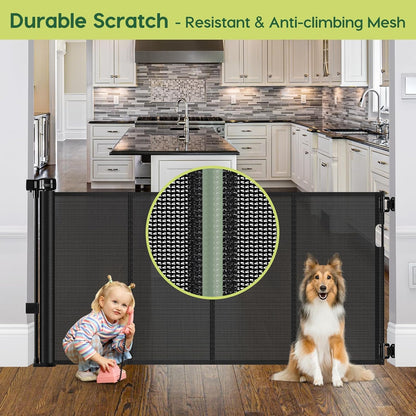 Reinforced 55" Wide Retractable Baby Gates with Reinforced Strips, Indoor/Outdoor Retractable Dog Gate for Doorway Prevent Bottom Drilling Through, No Bottom Bar Safety Mesh Baby Gate for Stair, Black