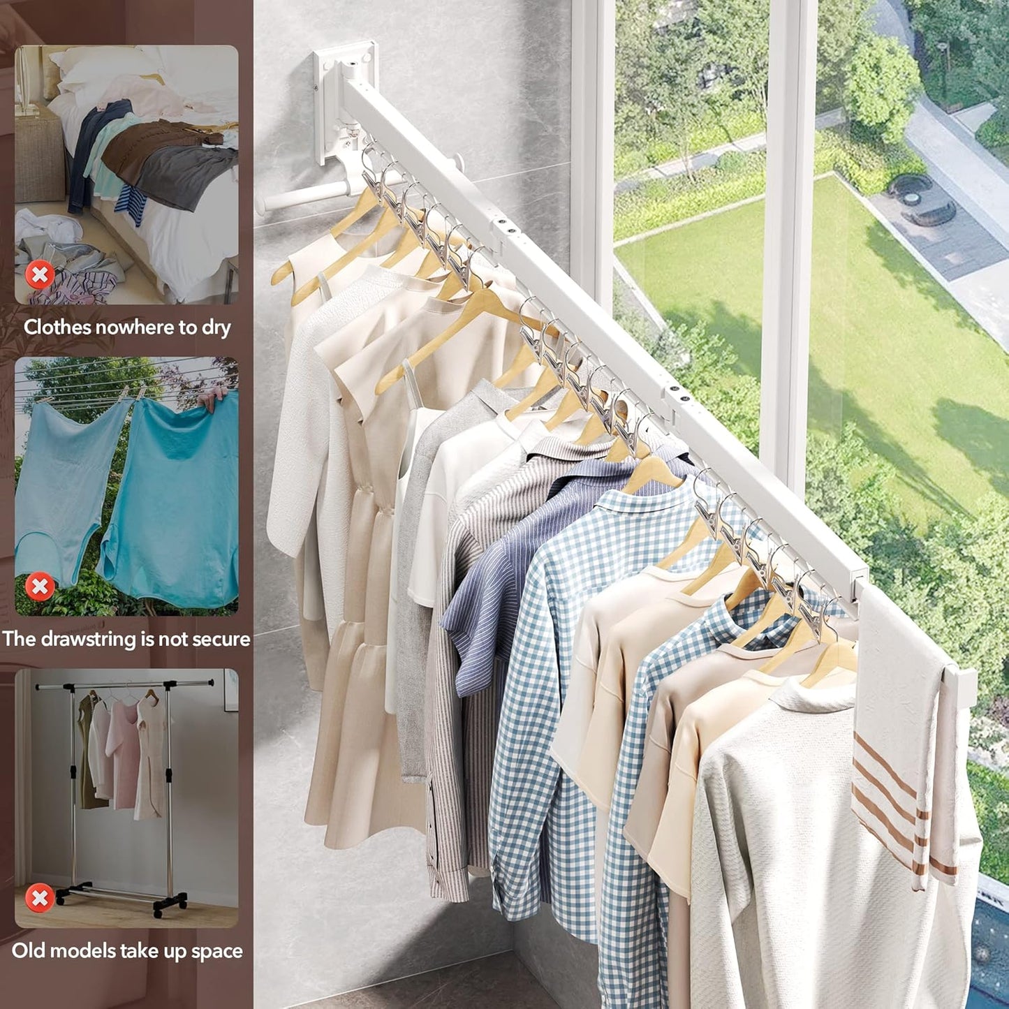 ZdwCyl Clothes Drying Rack Wall Mounted,Drying Rack Clothing,Clothes Hanging Rack,Retractable,Collapsible(Tri-Fold), White Color(Ring)