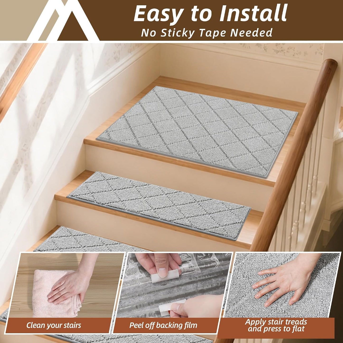 COSY HOMEER Edging Stair Treads Non-Slip Carpet Mat 28inX9in Indoor Stair Runners for Wooden Steps, Edging Stair Rugs for Kids and Dogs, 100% Polyester TPE Backing(4pc, Beige)