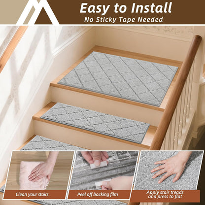 COSY HOMEER Edging Stair Treads Non-Slip Carpet Mat 28inX9in Indoor Stair Runners for Wooden Steps, Edging Stair Rugs for Kids and Dogs, 100% Polyester TPE Backing(4pc, Beige)