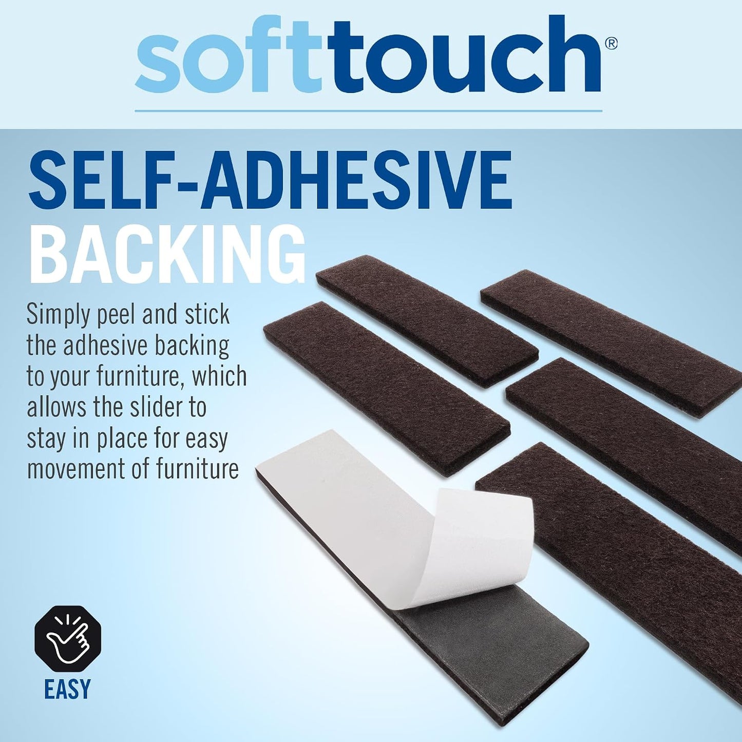 SoftTouch 1" x 4" Heavy-Duty Furniture Slider Felt Strips for Hard Surfaces, Adhesive Felt Tape Furniture Moving Pads for Beds, Sofas, Dressers, Set of 6, Brown