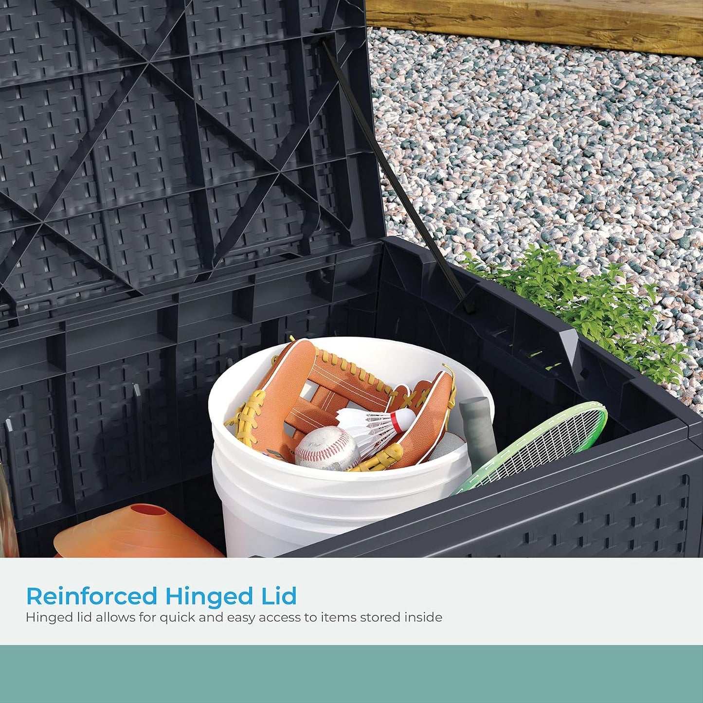 Suncast Outdoor Storage Box - 73 Gallon Mocha Brown Deck Box for Patio, weather-resistant Outdoor Storage Bench, Resin Wicker Style, Heavy-Duty, Lockable Lid for Cushions, Shoes, Pool & Garden Gear