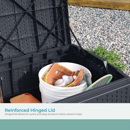 Suncast Outdoor Storage Box - 73 Gallon Mocha Brown Deck Box for Patio, weather-resistant Outdoor Storage Bench, Resin Wicker Style, Heavy-Duty, Lockable Lid for Cushions, Shoes, Pool & Garden Gear