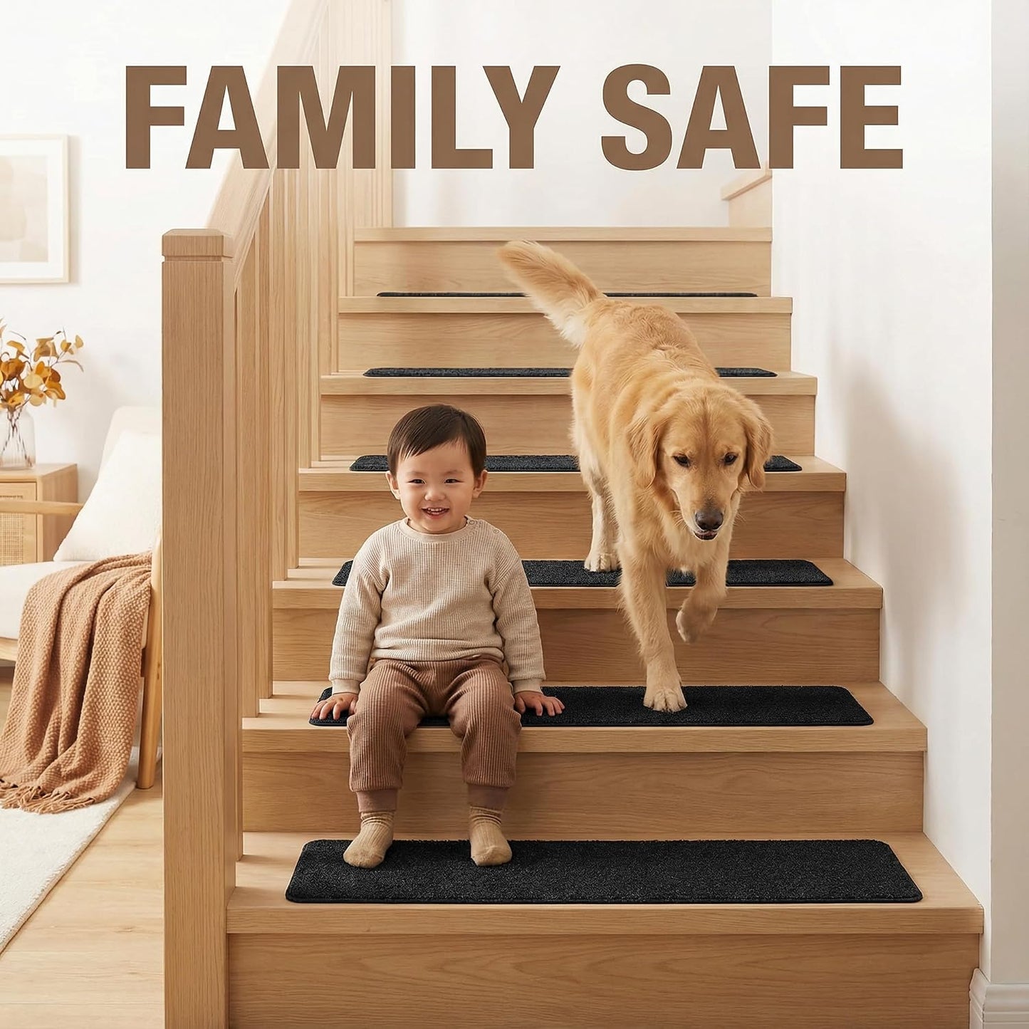 DECHOUS 2Pcs Non-Slip Stair Treads Carpet for Wooden Steps Indoor Self Adhesive Black Stair Runner Carpet Treads 8" x 30" Step Grips for Kids Elders Pets