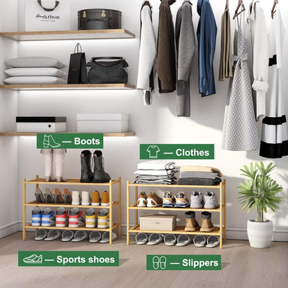 kiplant Small Shoe Rack, 4-Tier Bamboo Wood Shoe Rack for Entryway, Stackable Shoe Organizer for Hallway Closet, Free Standing Shoe Racks for Indoor & Outdoor