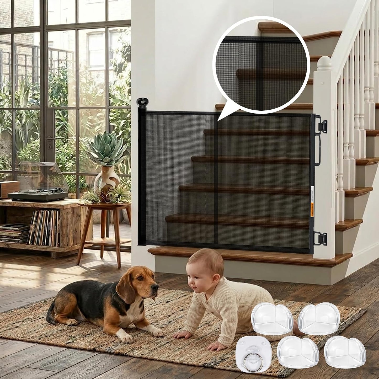 Retractable Baby Gate - 72" Wide Mesh Dog Gate with Support Rods - 34" Tall for Stairs, Doorways, Hallways - Drill or No-Drill - Pet & Cat Gate - Outdoor/Indoor (White, 5.91 Feet)
