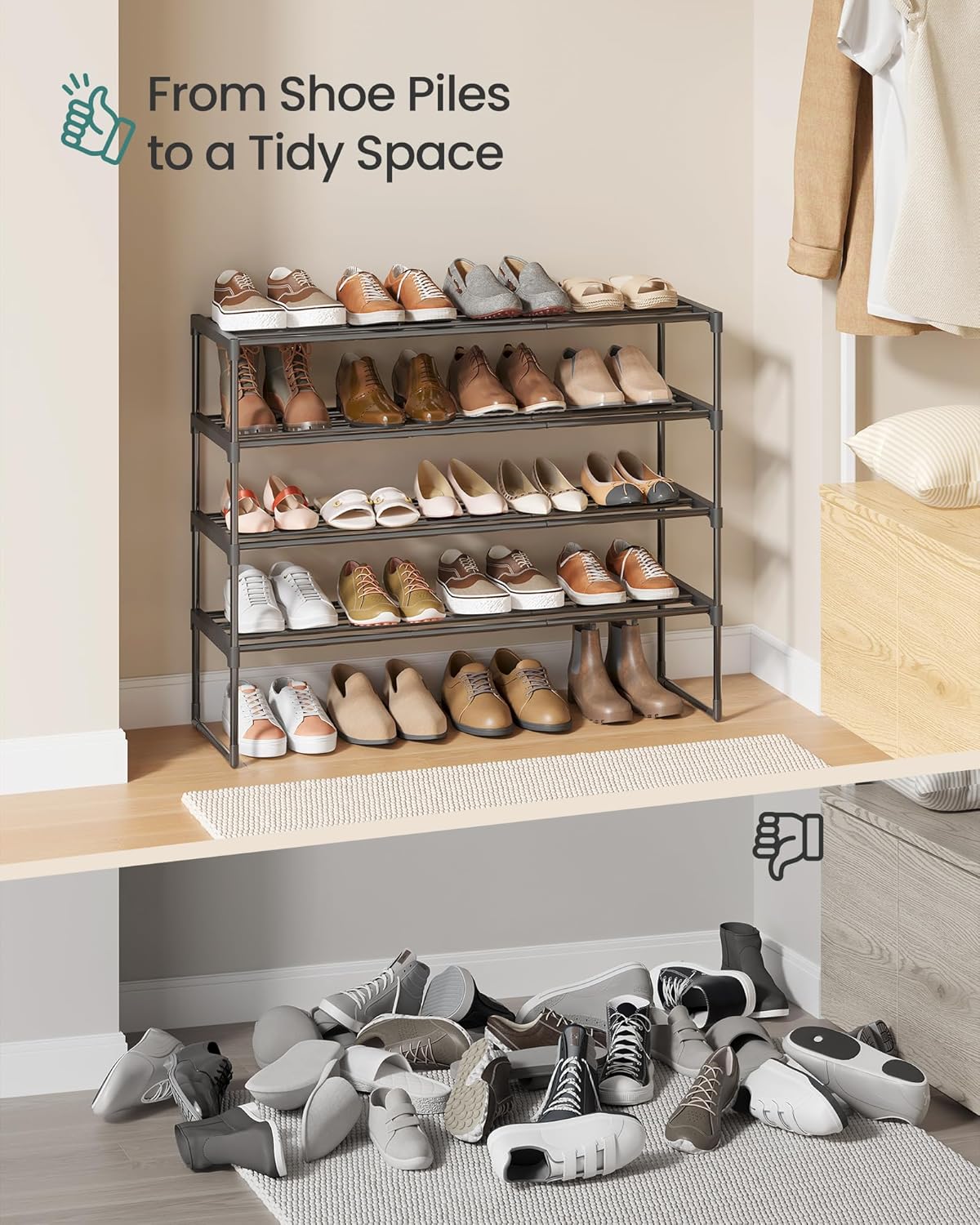 SONGMICS Shoe Rack, 6-Tier Shoe Organizer, Metal Storage Shelf, Upright or Upside Down, for 24-30 Pairs, Stackable, for Entryway, 11.8 x 36.2 x 42.7 Inches, Black ULSA306BH01