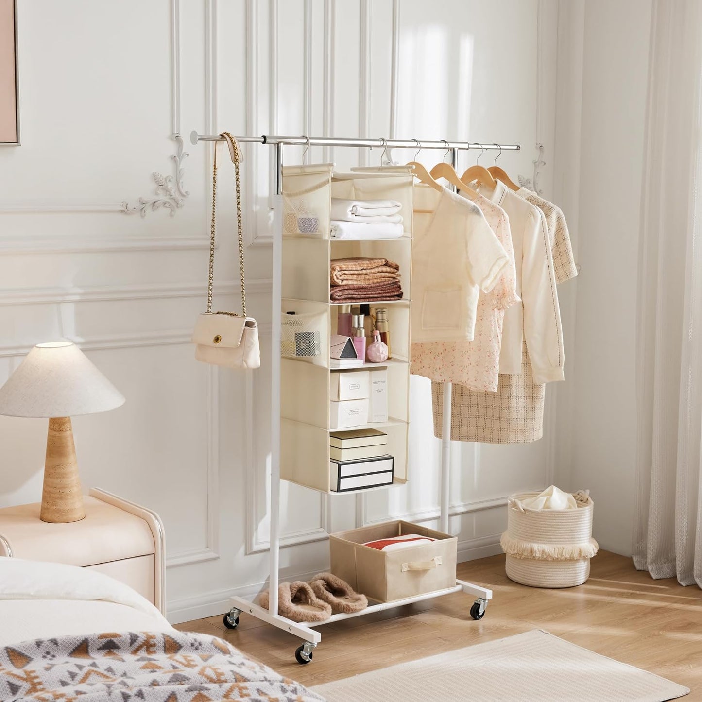 MAX Houser 4-Shelf Hanging Closet Organizer, Space Saver, Cloth Hanging Shelves with 2 Side Pockets, Foldable (Beige)