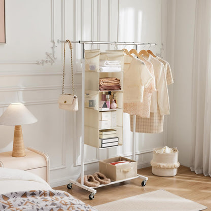 MAX Houser 4-Shelf Hanging Closet Organizer, Space Saver, Cloth Hanging Shelves with 2 Side Pockets, Foldable (Beige)