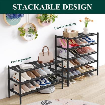 Smiry Bamboo Shoe Rack, 3 Tier Free Standing Wooden Shoe Organizer, Stackable Wood Shoe Storage Shelf for Closet, Entryway, 5 Horizontal Slats, 26.8"x11"x18.3", Natural