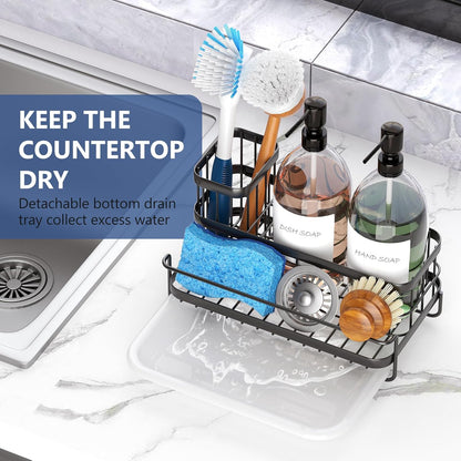 Trendy Sink Caddy Kitchen Organizer, Non-Slip Dish Soap Dispenser Rack with Drain Tray, Rustproof Brush Holder for Countertop Storage (Matte Black)
