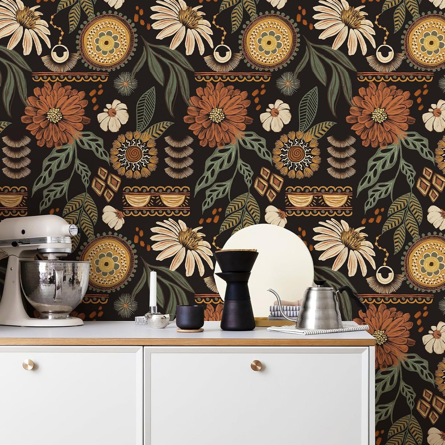 Simon&Siff Boho Peel and Stick Wallpaper, 17.3" x 80" Sun Floral Retro Contact Paper Removable Self Adhesive Wall Paper for Cabinets Furniture Bedroom Nursery Bathroom Renter Friendly DIY Decor