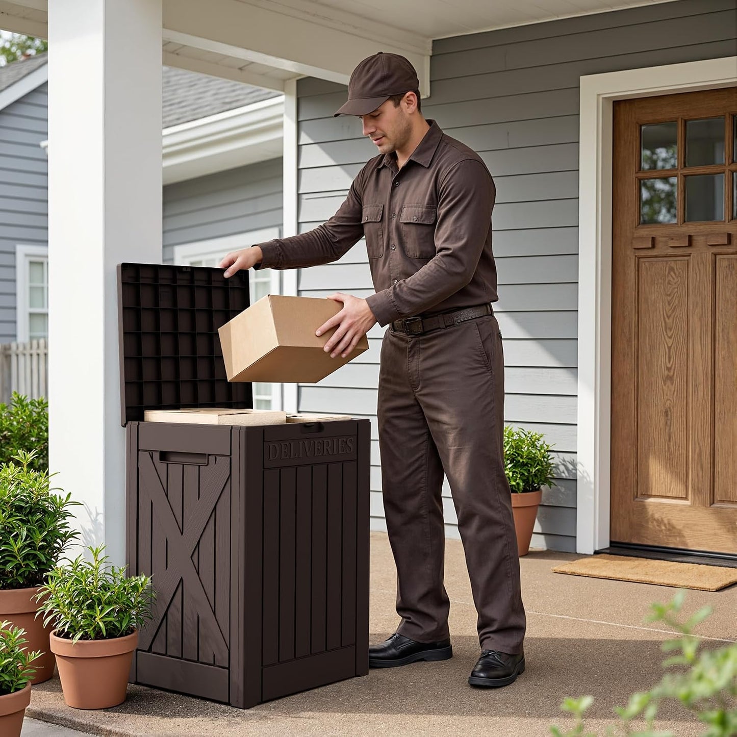 Flamaker Resin Deck Box 120 Gallon Waterproof Large Outdoor Indoor Storage Box Imitation Wood Resin for Patio Furniture Garden Tools and Pool (Black)