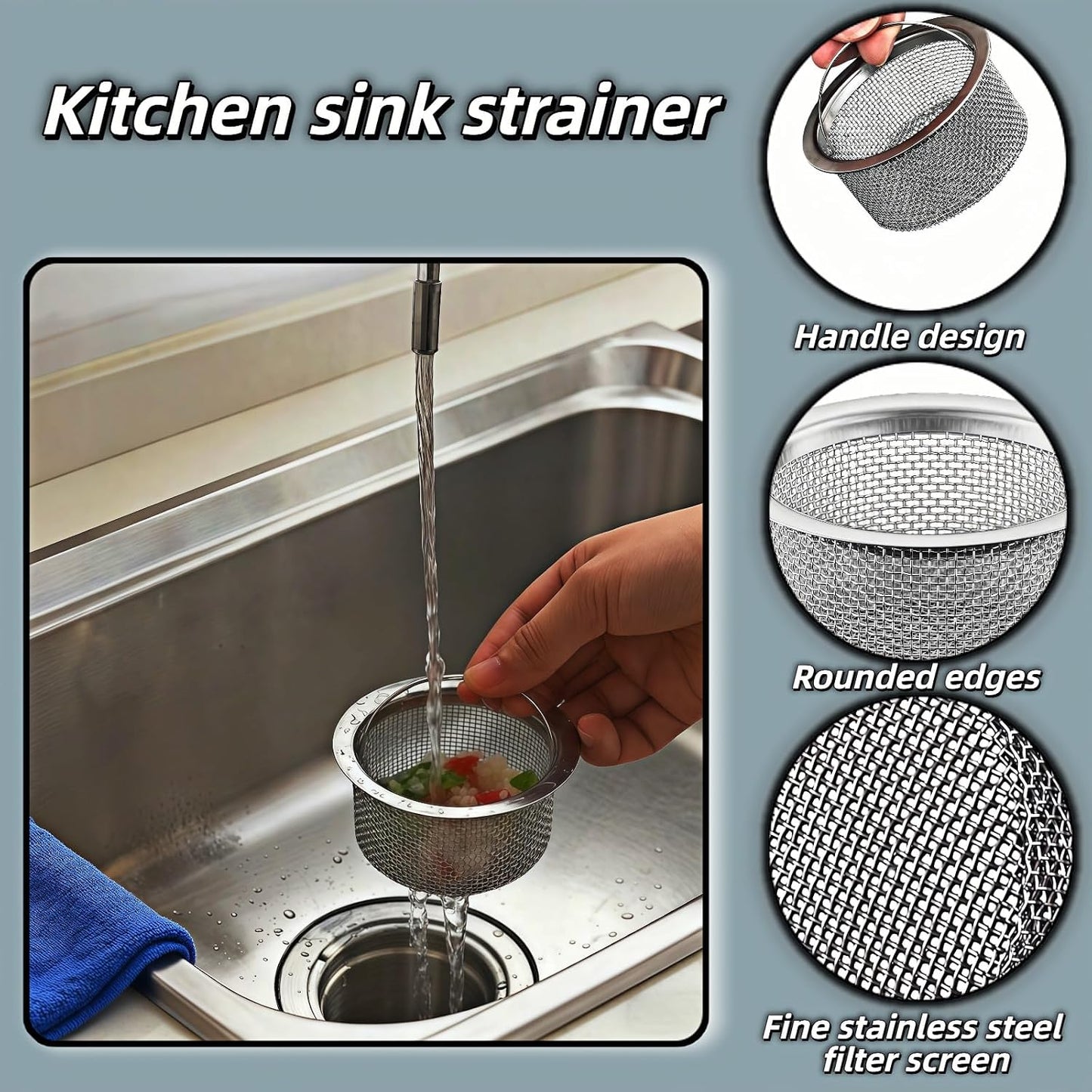 Stainless Steel Kitchen Sink Strainer - Deep Cup Basket Design, 2-Pack, Upgraded Double-Layer Safety, Large Food Catcher, Fits Most Standard Drains (3.14"-3.34" Inner Dia), Rustproof, Easy to Clean