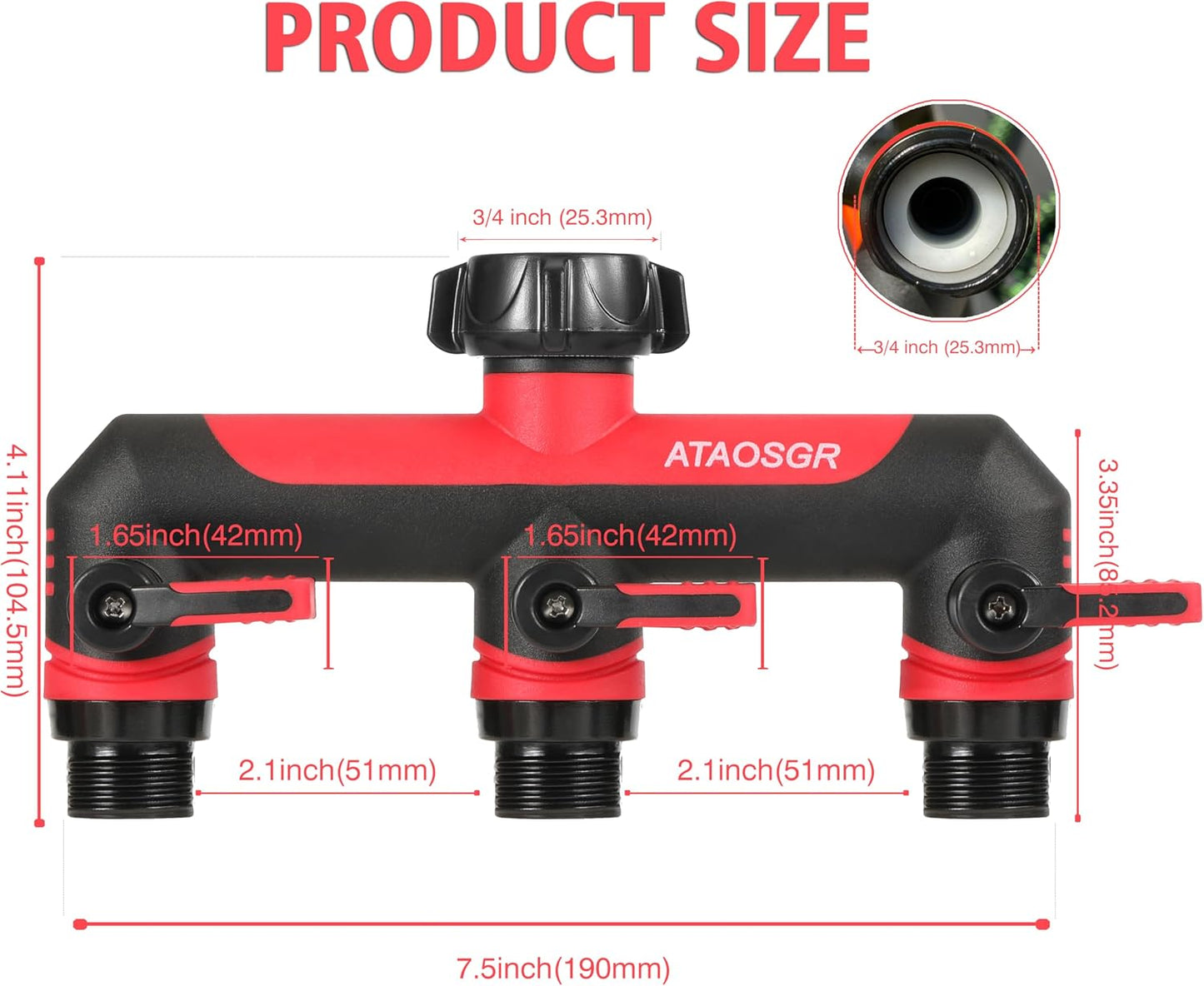 ATAOSGRGarden Hose Splitter 3 Way, 3/4" Outdoor Faucet Splitter, Tap Connector with On/Off Valves and Extended Handle, Tap Adapter Garden Hose Connector for Garden Outdoor Home - Greens