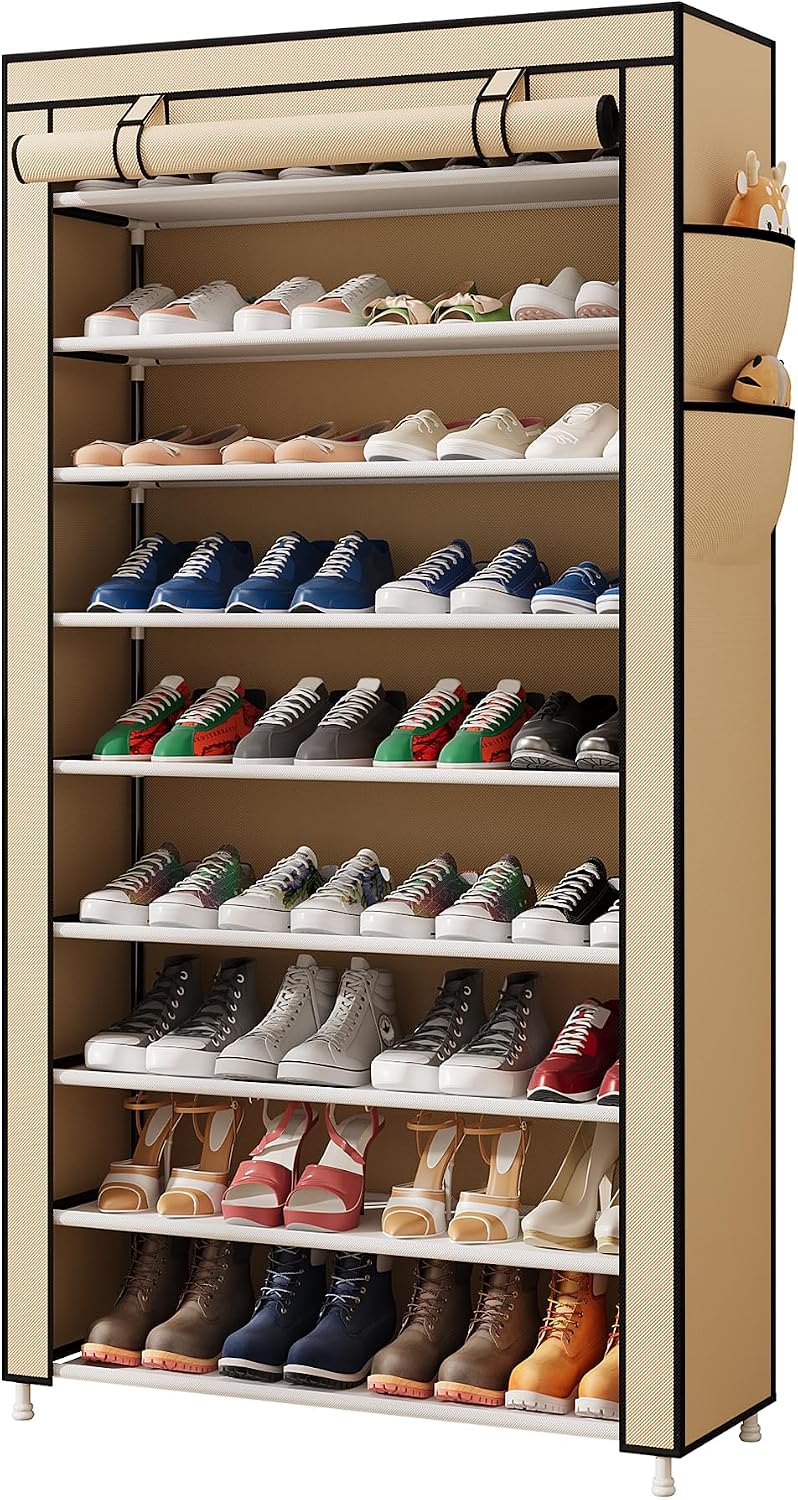 Laiensia 9-Tier Vertical Shoe Rack Organizer, Space Saving Shoe Storage Organizer, Non-Woven Cover Shoe Shelf Holds 36-45 Pairs for Bedroom, Hallway, Closet Entryway, Black