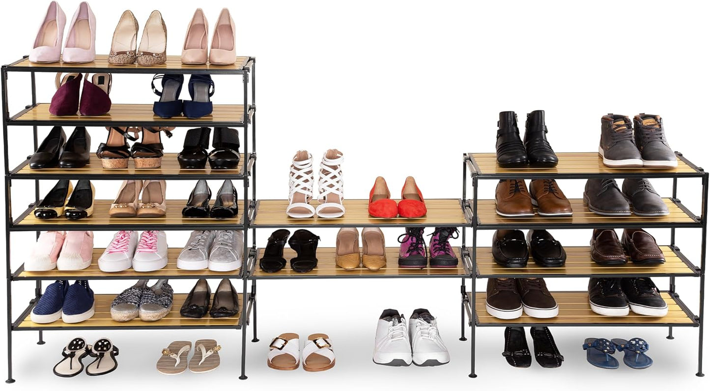 Seville Classics Sturdy Freestanding Storage Shelf for Bedroom, Closet, Entryway, Dorm Room Organizer Stackable Durable Metal Shoe Rack Ash Gray Slat, 3-Tier