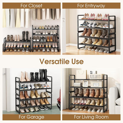 SAYZH Expandable Shoe Rack for Closet, Adjustable Metal Shoe Organizer with Sturdy Mesh Shelves for Boots & Heels, Stackable Shoe Storage for Entryway, Garage, Small Spaces (Black, 2-Tier)