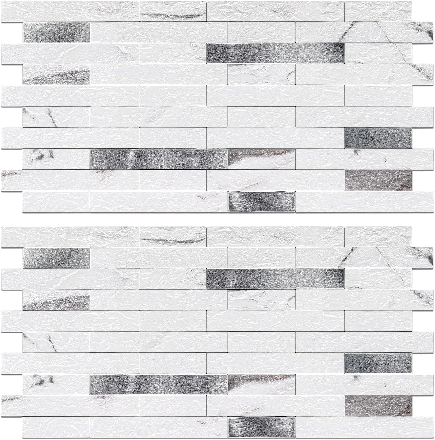 Peel and Stick Backsplash Tile Waterproof Removable PVC Wall Sticker 3D Faux Stone Marble Brick White Accent Panels (White Marble - Metal Silver, 20 Tiles - 9 sq. ft. (0.84 M²))
