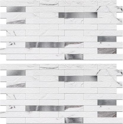 Peel and Stick Backsplash Tile Waterproof Removable PVC Wall Sticker 3D Faux Stone Marble Brick White Accent Panels (White Marble - Metal Silver, 20 Tiles - 9 sq. ft. (0.84 M²))