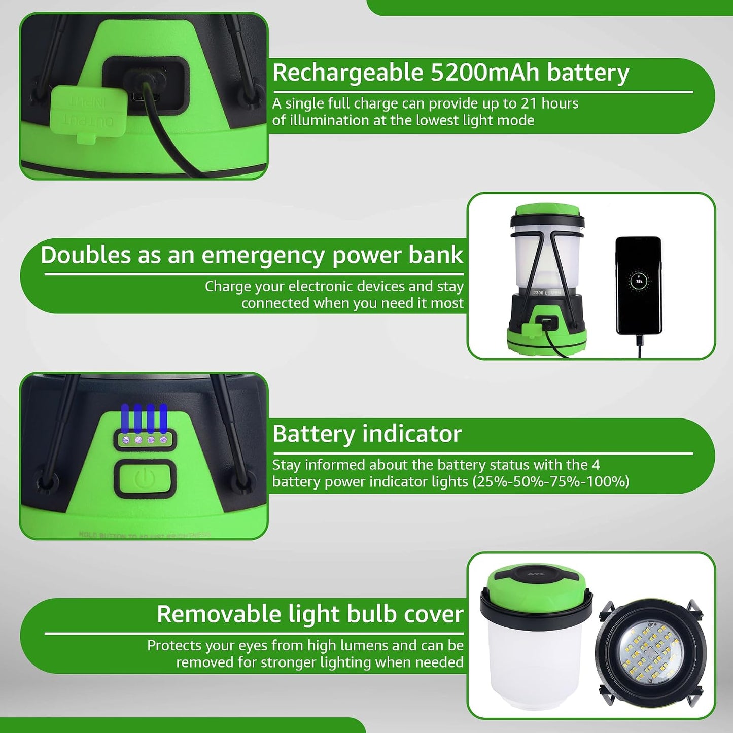 LED Camping Lantern Rechargeable, 1800LM, 4 Light Modes, 4400mAh Power Bank, IP44 Waterproof, Perfect Lantern Flashlight for Hurricane, Emergency, Power Outages, Home and More, USB Cable Included